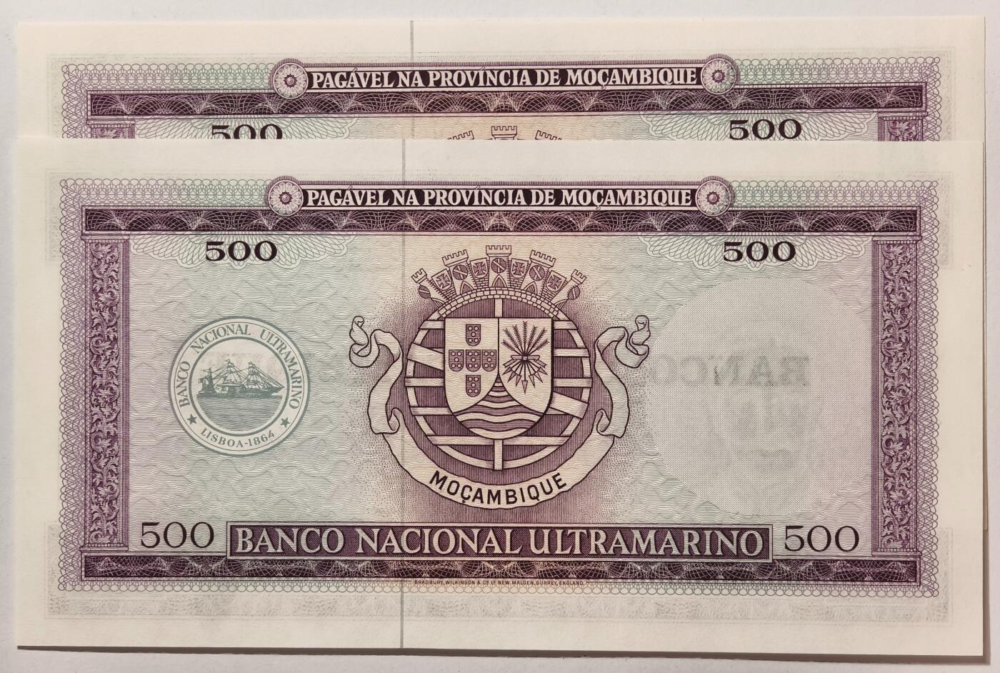 紫瑗钱币——第353期拍卖——纸币场 葡属莫桑比克 1967年 500埃斯库多 加盖 2张一组 UNC