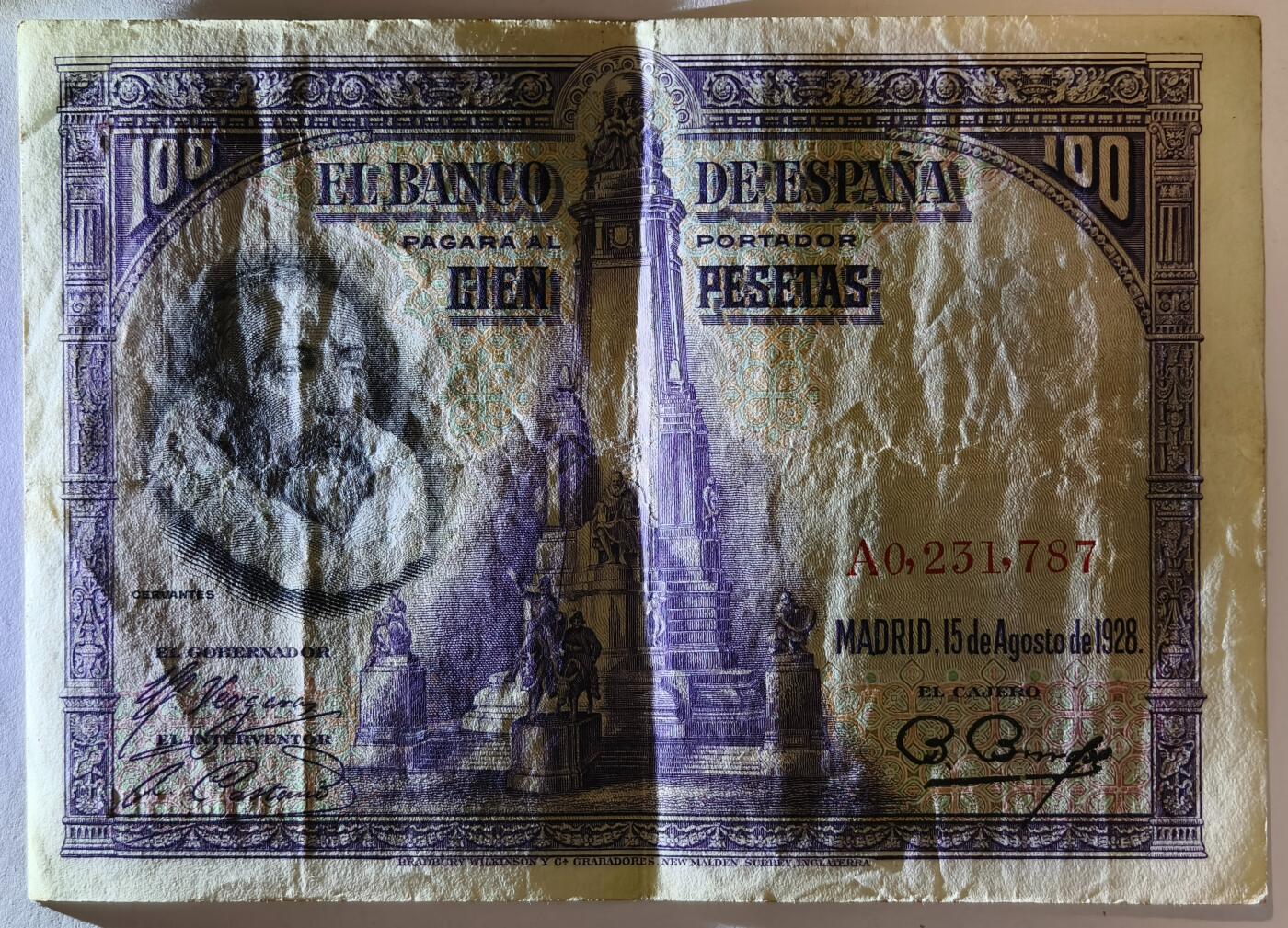 紫瑗钱币——第353期拍卖——纸币场 西班牙 1928年 中央银行 油画《唐吉坷德》 100比塞塔 AU