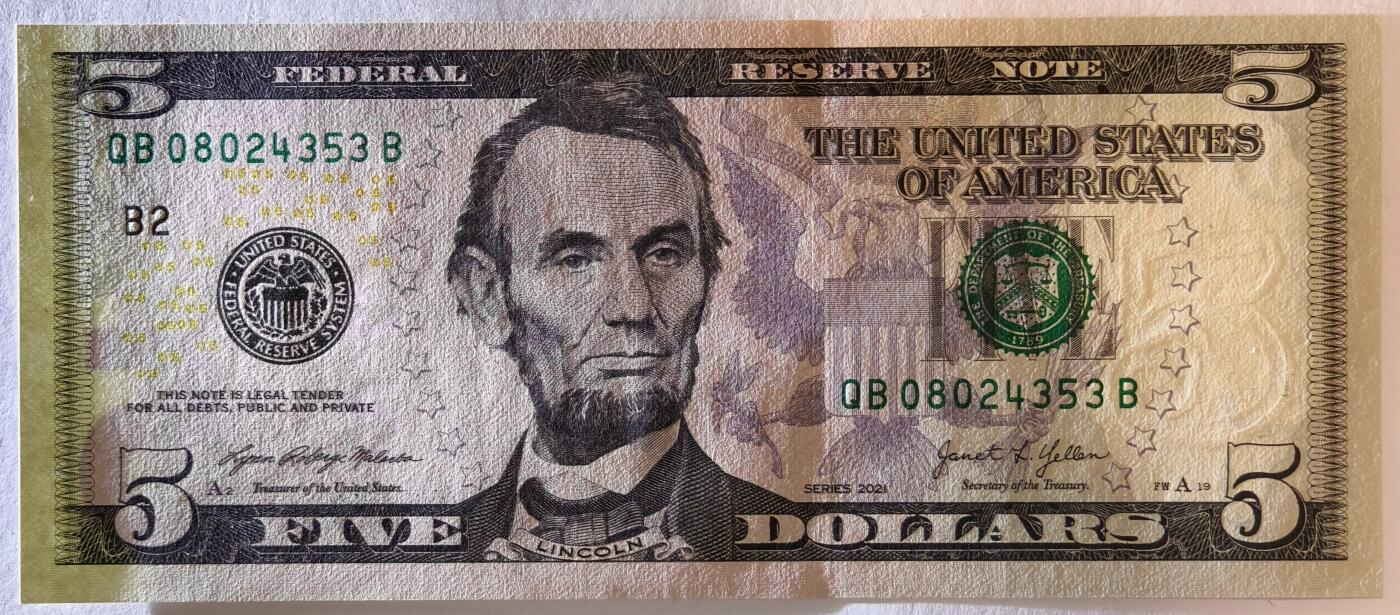 紫瑗钱币——第353期拍卖——纸币场 美国 2021年 B版 无序列 亚伯拉罕·林肯 5美元 彩色版 UNC