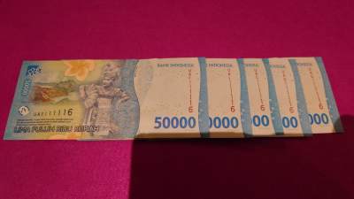 【世界钱币】精选微拍第107期暨2024年第18期  评级币裸钞混合版低价起拍 - 2022年印度尼西亚5万卢比 如图5张全同号为一件一起拍 全新绝品号码均为111116