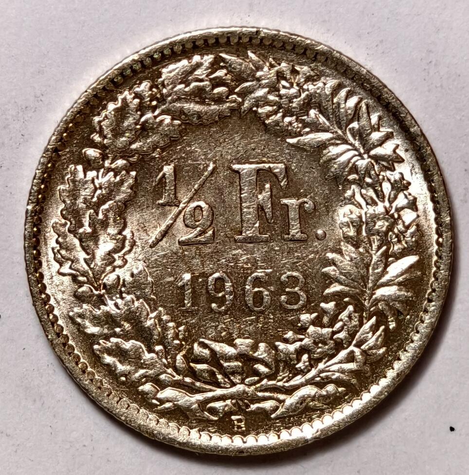 紫瑗钱币——第354期拍卖 瑞士 1963年 B版 赫尔维蒂女神 1/2法郎 2.5克 0.835银 UNC