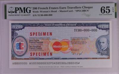 PMG美元专场 - 美国运通旅行支票票样200 French Francs Euro Travellers Cheque Wmk: Woman's Head