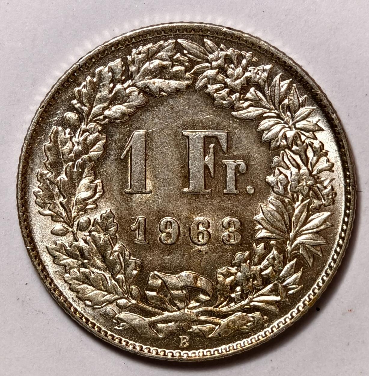 紫瑗钱币——第354期拍卖 瑞士 1963年 B版 赫尔维蒂女神 1法郎 5克 0.835银 UNC