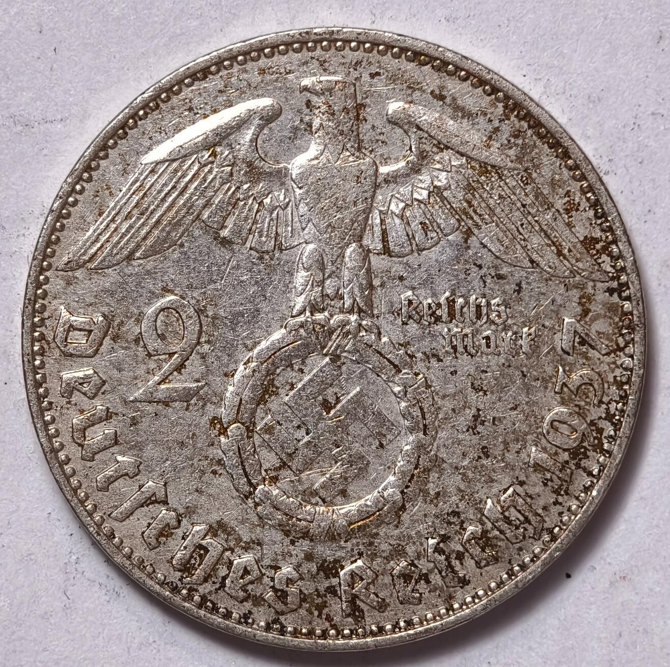 紫瑗钱币——第354期拍卖 德国 1937年 J版 兴登堡 字符 2马克 8克 0.625银