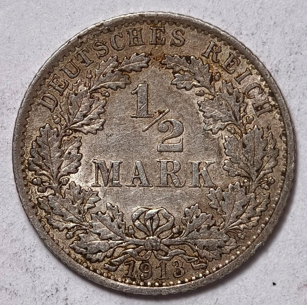 紫瑗钱币——第510期 德国 1913年 A版 第二帝国 1/2马克 银币 2.77克 0.9银