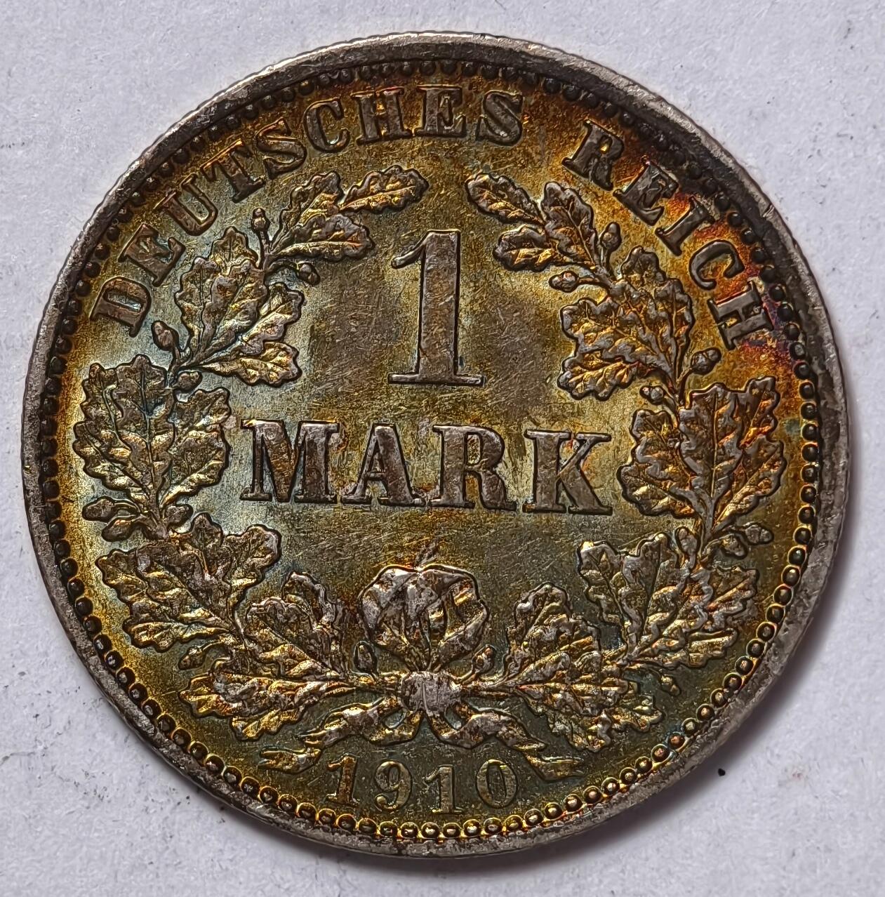 紫瑗钱币——第354期拍卖 德国 1910年 J版 第二帝国 长翅 1马克 银币 5.5克 0.9银 五彩包浆