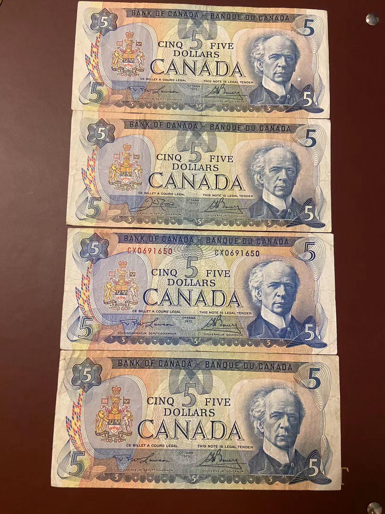 【炜奕收藏】旧钞专场，全场0+1，无最低佣金 4张早期加拿大景版5元纸币，XF-流通品相，有72年版和79年版