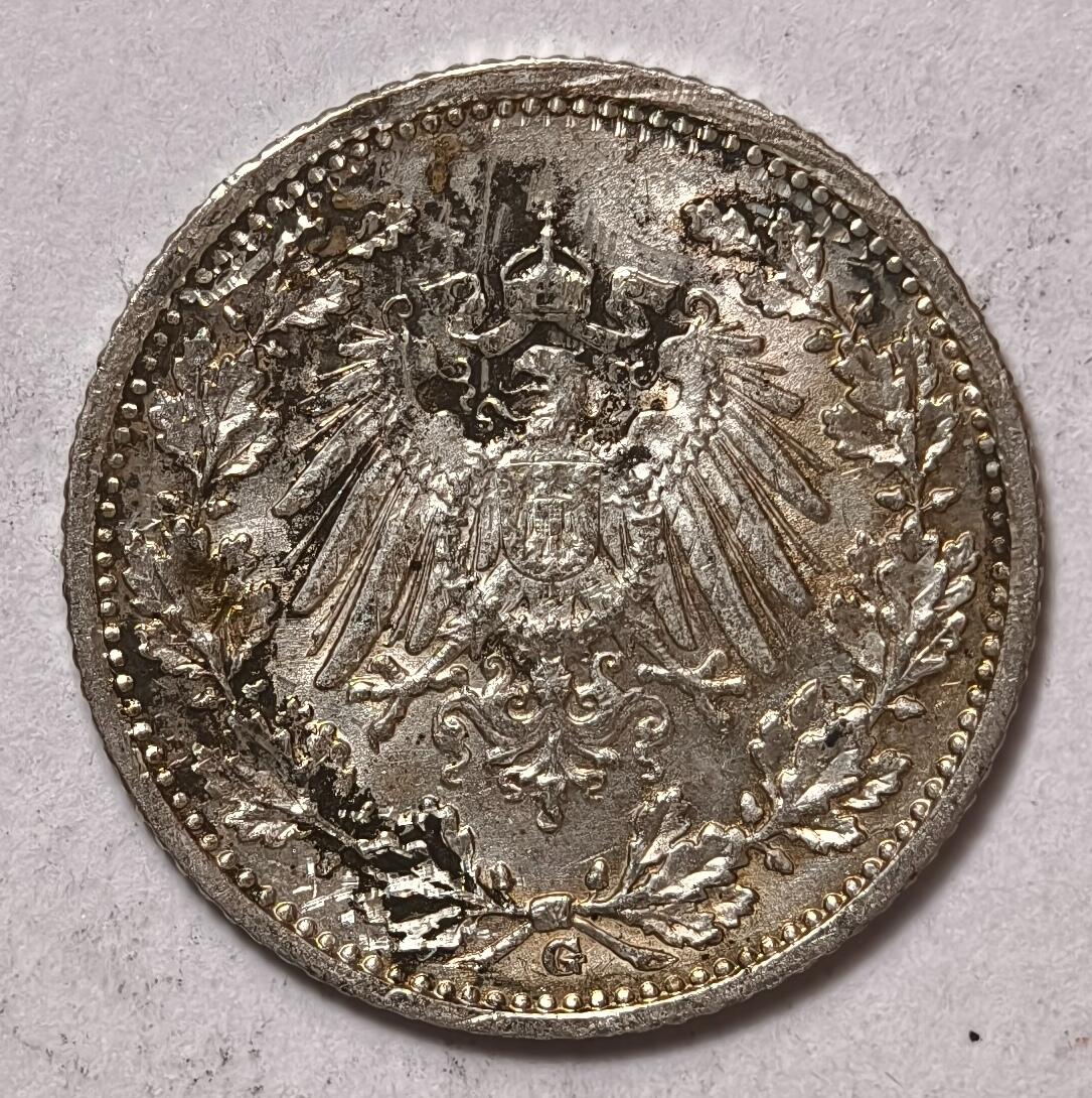 紫瑗钱币——第372期拍卖 德国 1915年 G版 第二帝国 1/2马克 银币 2.77克 0.9银 UNC