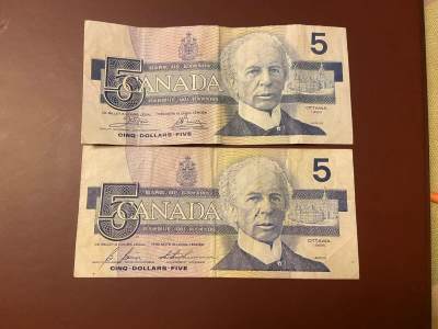 【炜奕收藏】旧钞专场，全场0+1，无最低佣金 - 两张早期加拿大鸟版5元纸币，流通品相