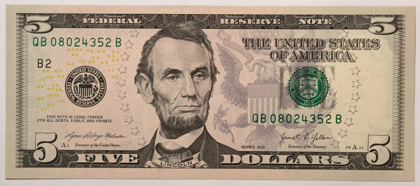 紫瑗钱币——第353期拍卖——纸币场 美国 2021年 B版 无序列 亚伯拉罕·林肯 5美元 彩色版 UNC
