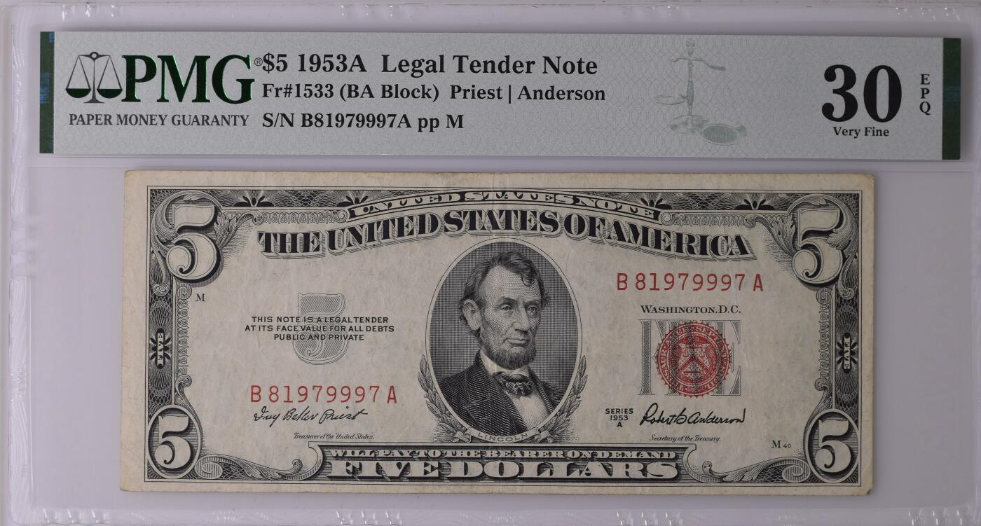 PMG美元专场 豹子身序列号:B81979997A 5美元红库印战争券Legal Tender Note, $5 1953A Small Size