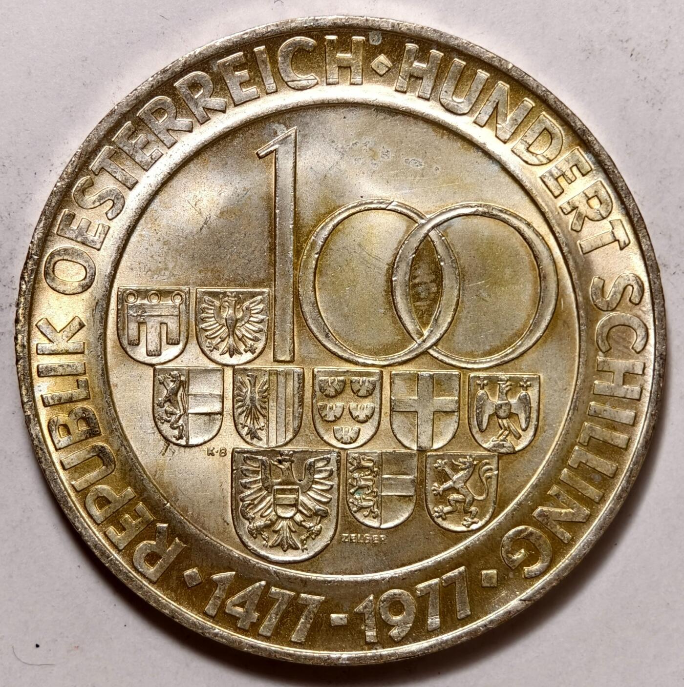 紫瑗钱币——第354期拍卖 奥地利 1977年 萨尔茨堡建市900周年 100先令 24克 0.64银 UNC