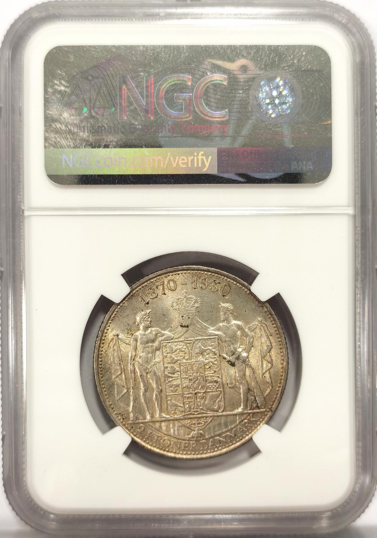 博洋堂世界钱币拍卖第078期（全场包邮） NGC MS64 丹麦1930年2克朗银币，纪念丹麦国王60大寿纪念币
