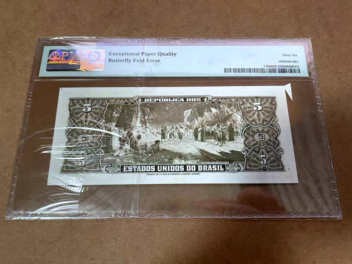 【Blue Auction】✨世界纸币精拍第480期【精】 【错钞 无47】巴西 1964年5克鲁塞罗 背面大场景 PMG66EPQ 