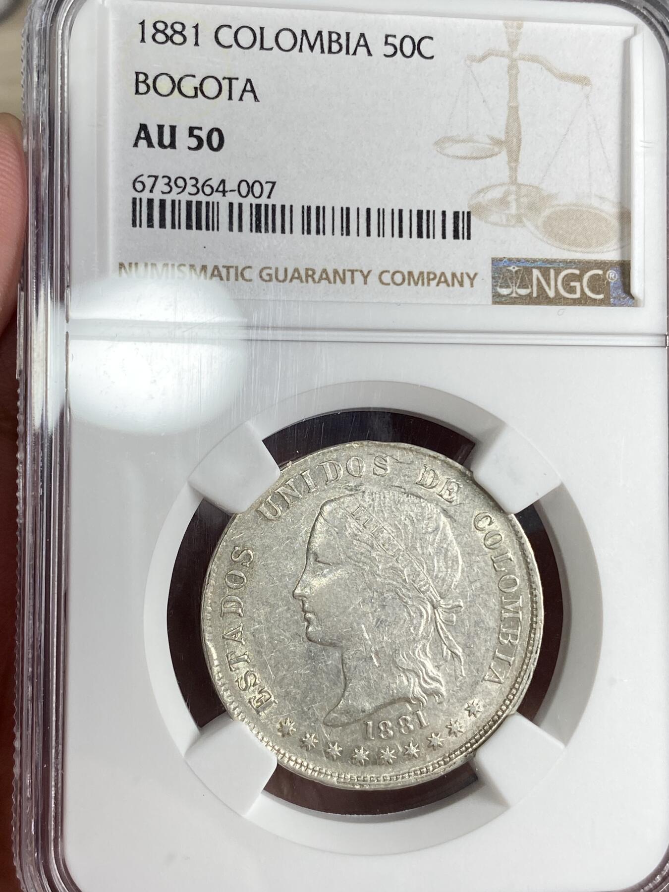 万国钱币拍卖第026期（风云再起·勇士无畏） NGC AU50 1881年哥伦比亚波哥大50美分银币 早期的哥伦比亚女神是美国的女性拟人化代表