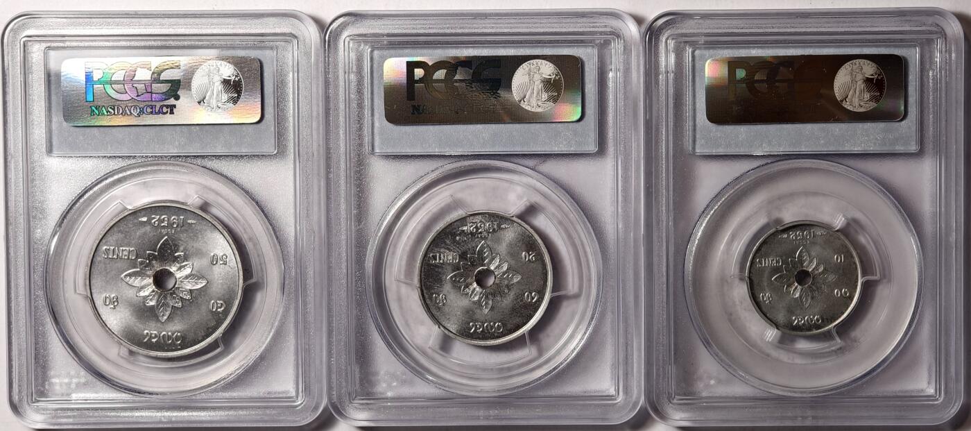 紫瑗钱币——第352期拍卖 老挝 1952年 法国造币厂 10 20 50分 样币 3枚一套 铝 PCGS SP66 SP67