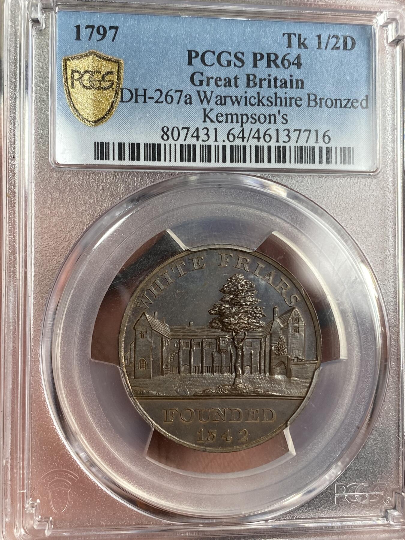 万国钱币拍卖第026期（风云再起·勇士无畏） PCGS PR64 1797年英国沃里克郡精致铜制半便士代用币 精度非常高 钢铁般的蓝色色调和镜面的底板 极其罕见