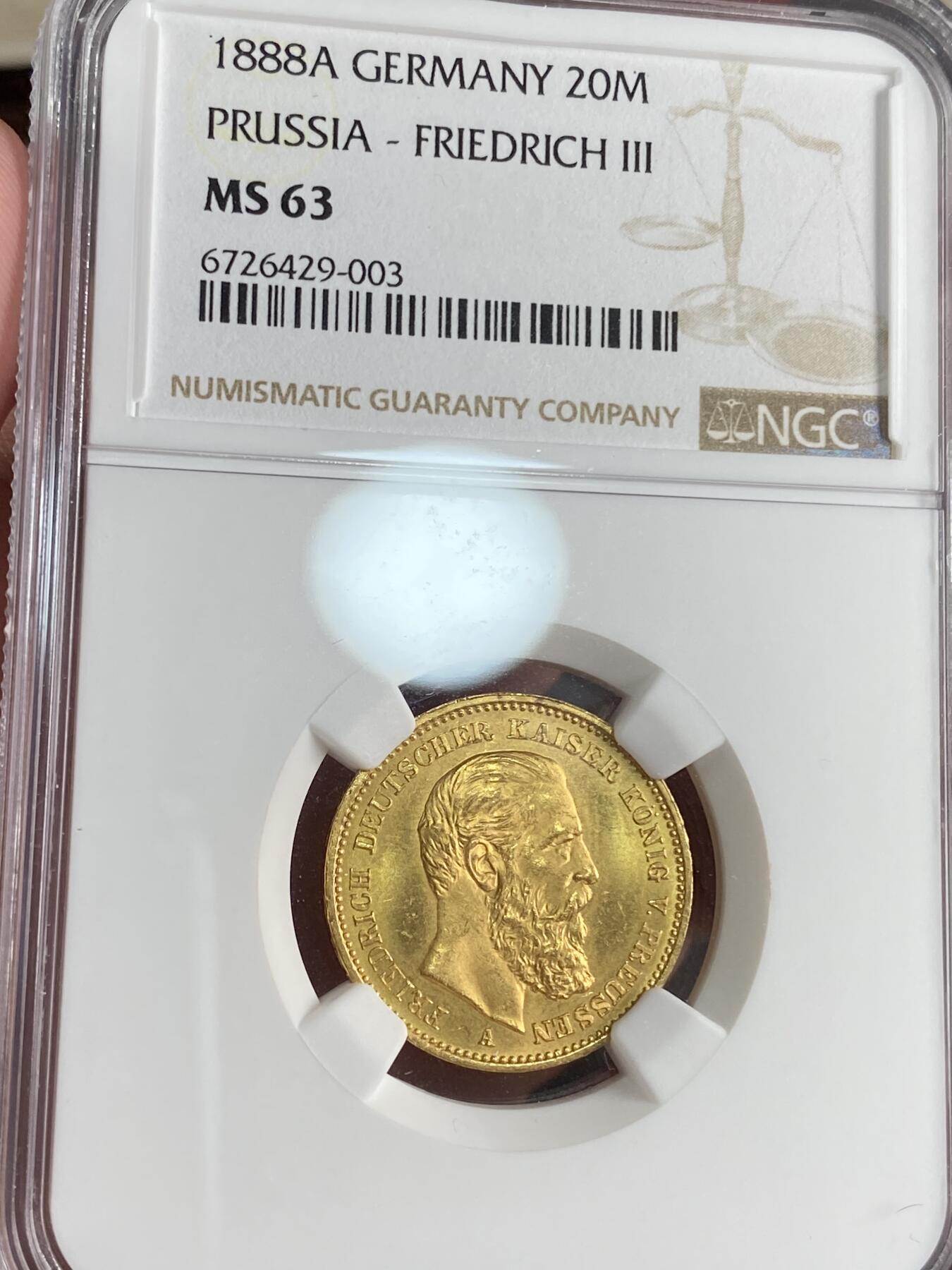 万国钱币拍卖第026期（风云再起·勇士无畏） NGC MS63 1888年德国普鲁士腓特烈三世20马克金币 经典单年发行品种 底板丝滑如丝绸 散发邮票般的光泽 实在让人喜欢 7.97g 900金