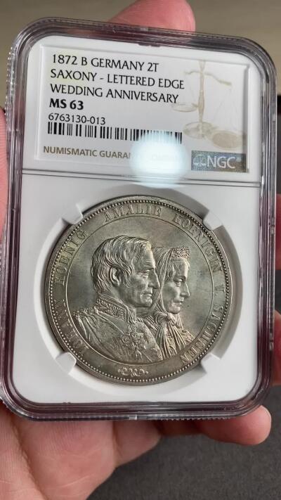 万国钱币拍卖第026期（风云再起·勇士无畏） NGC MS63 1872年德国萨克森金婚流通2泰勒 帝国最后的2泰勒 丝绸转光