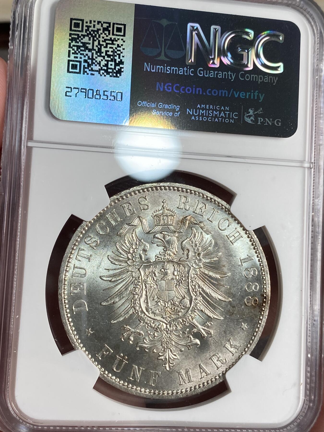 万国钱币拍卖第026期（风云再起·勇士无畏） NGC MS63 1888年德国普鲁士三皇之年腓特烈三世5马克 淡金彩环绕 十字转光 这样的品质现在很难找
