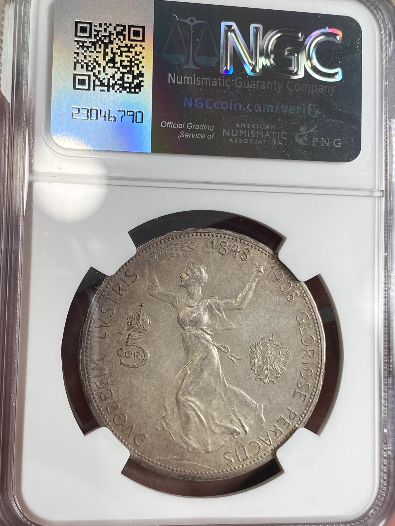 万国钱币拍卖第026期（风云再起·勇士无畏） NGC MS62 1908年奥地利超长待机王佛朗茨一世执政60周年纪念5克朗 多种色彩组合的包浆非常漂亮