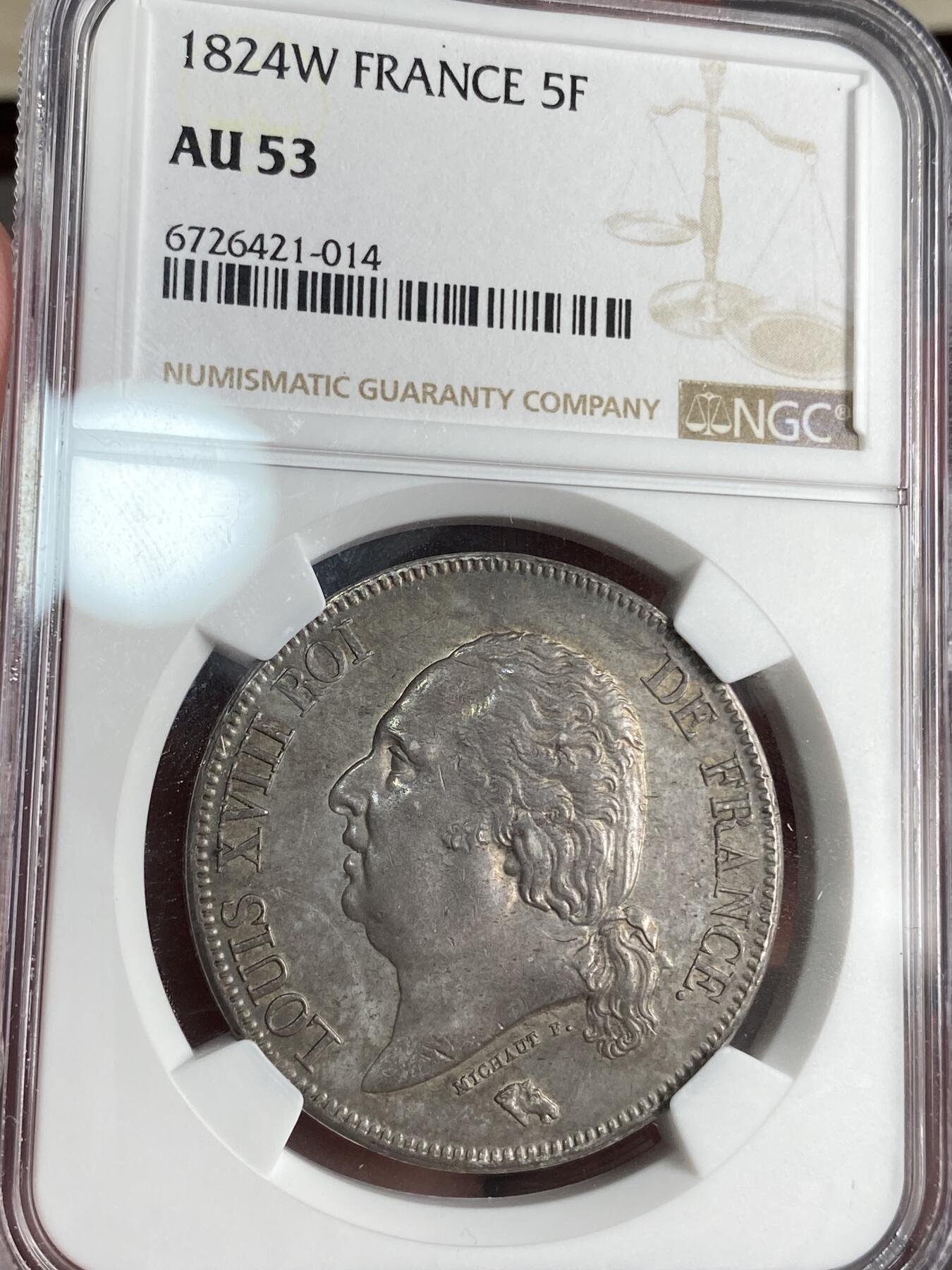 万国钱币拍卖第026期（风云再起·勇士无畏） NGC AU53 1824年法国波旁王朝路易十八世5法郎大银币 原味欧洲包浆 状态非常赞 远超53视觉感
