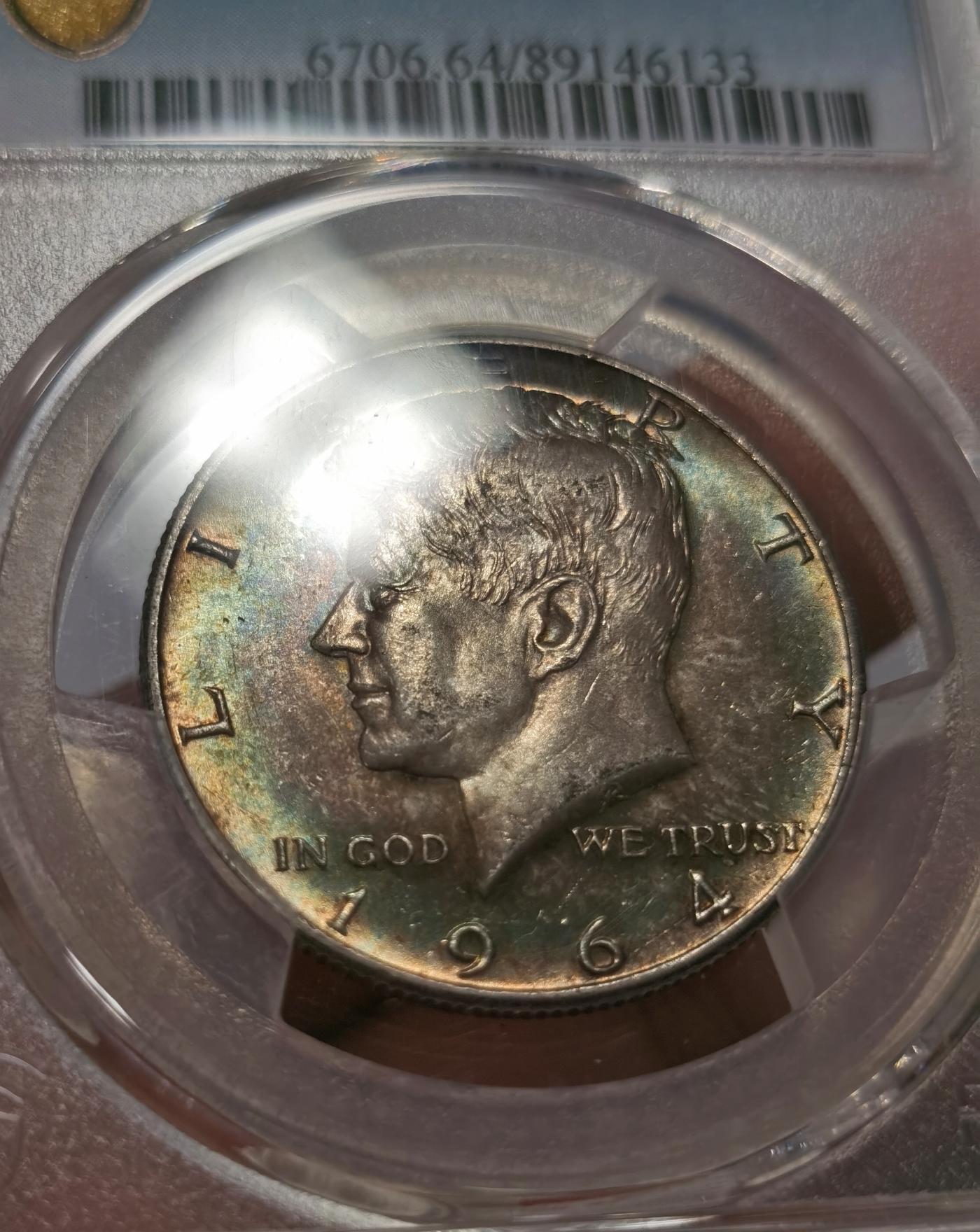 博洋堂世界钱币拍卖第078期（全场包邮） PCGS MS64 美国1964年50美分银币，肯尼迪首年份高银币，双面蓝彩包浆
