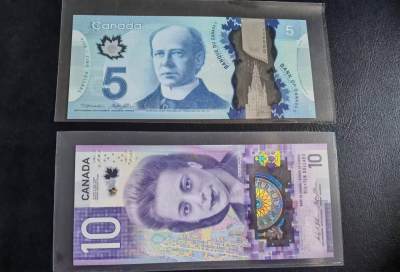外钞拍卖 - 加拿大5元10元塑料钞两张unc
