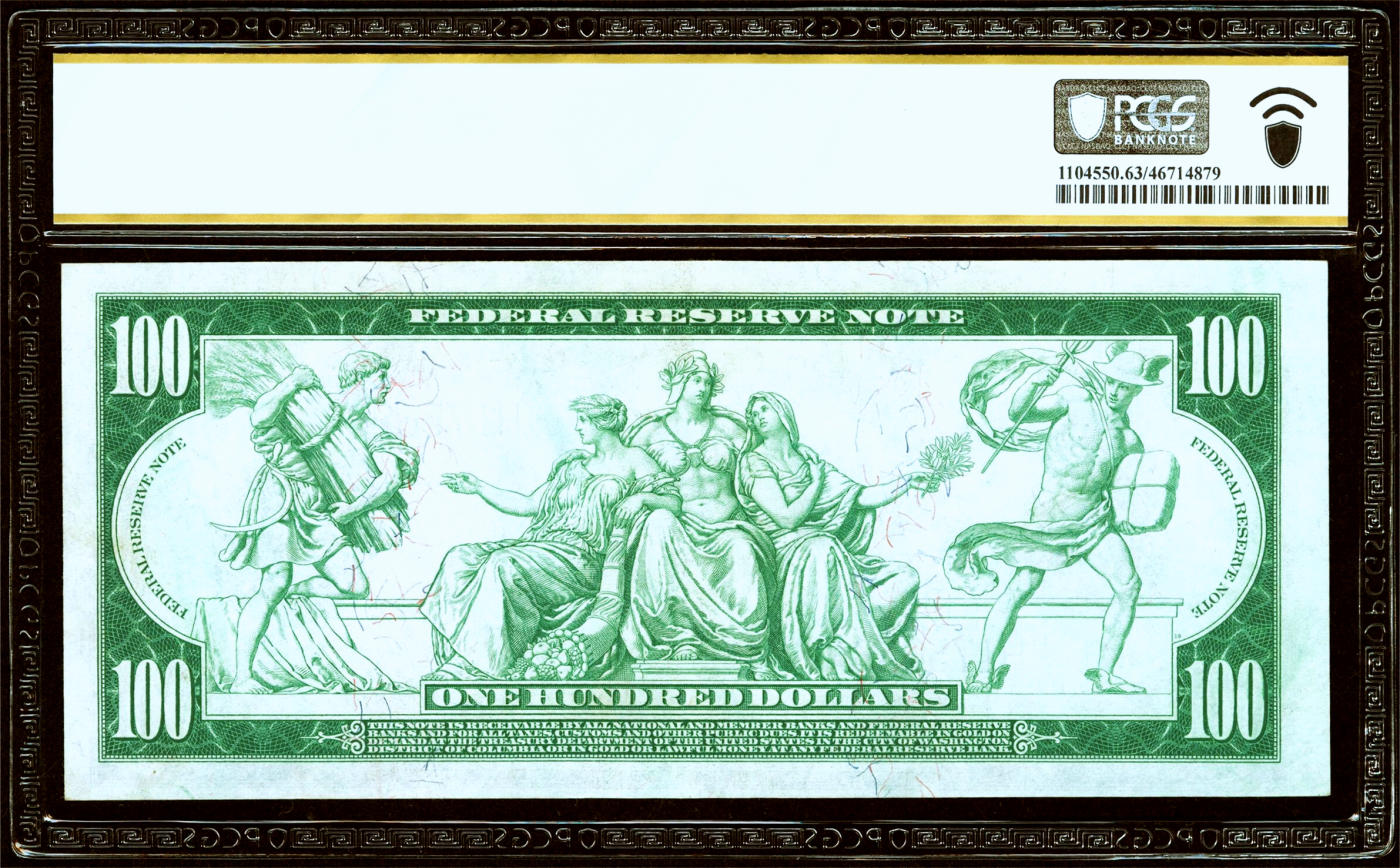 【Blue Auction】✨世界纸币精拍第480期【精】  【富兰克林肖像首次出现在100美金上 少见高值】美国 1914年100美金 PCGS63EPQ 全新原票 背面墨丘利、丰收女神等众神 大场景 设计别致新颖 