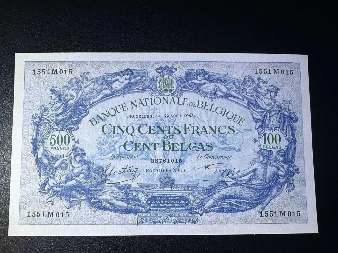 【Blue Auction】✨世界纸币精拍第480期【精】  【无47】比利时 1948年500法郎 大票幅 UNC-