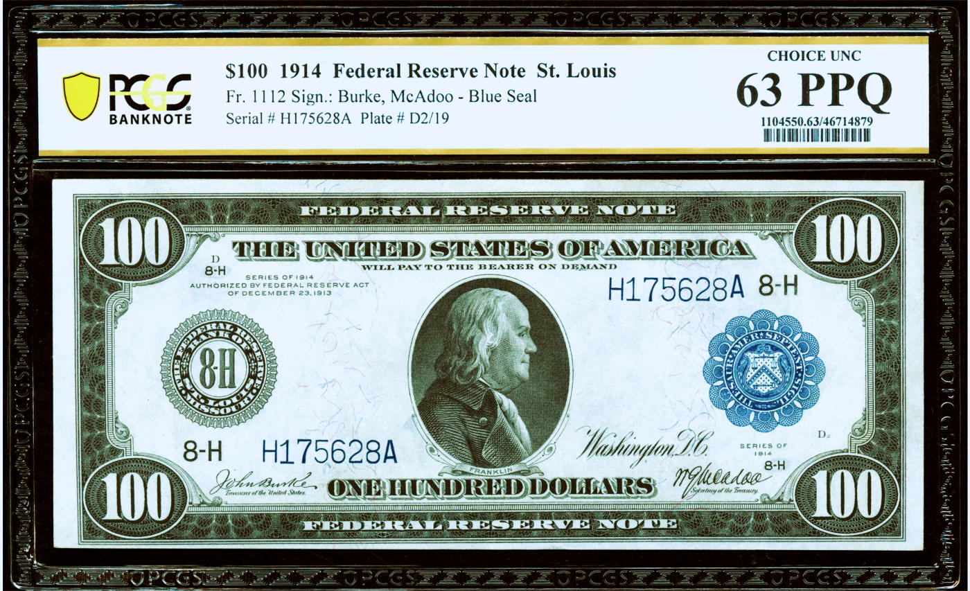 【Blue Auction】✨世界纸币精拍第480期【精】  【富兰克林肖像首次出现在100美金上 少见高值】美国 1914年100美金 PCGS63EPQ 全新原票 背面墨丘利、丰收女神等众神 大场景 设计别致新颖 