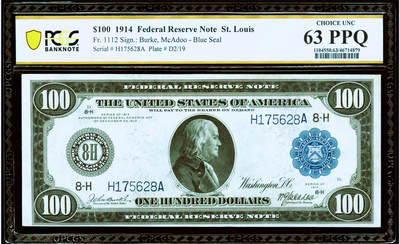 【Blue Auction】✨世界纸币精拍第480期【精】 -  【富兰克林肖像首次出现在100美金上 少见高值】美国 1914年100美金 PCGS63EPQ 全新原票 背面墨丘利、丰收女神等众神 大场景 设计别致新颖 