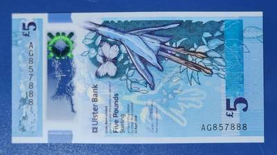 北爱尔兰 2018年5镑 塑料钞 豹子号 AG857888 UNC一张/如图 - 北爱尔兰 2018年5镑 塑料钞 豹子号 AG857888 UNC一张/如图