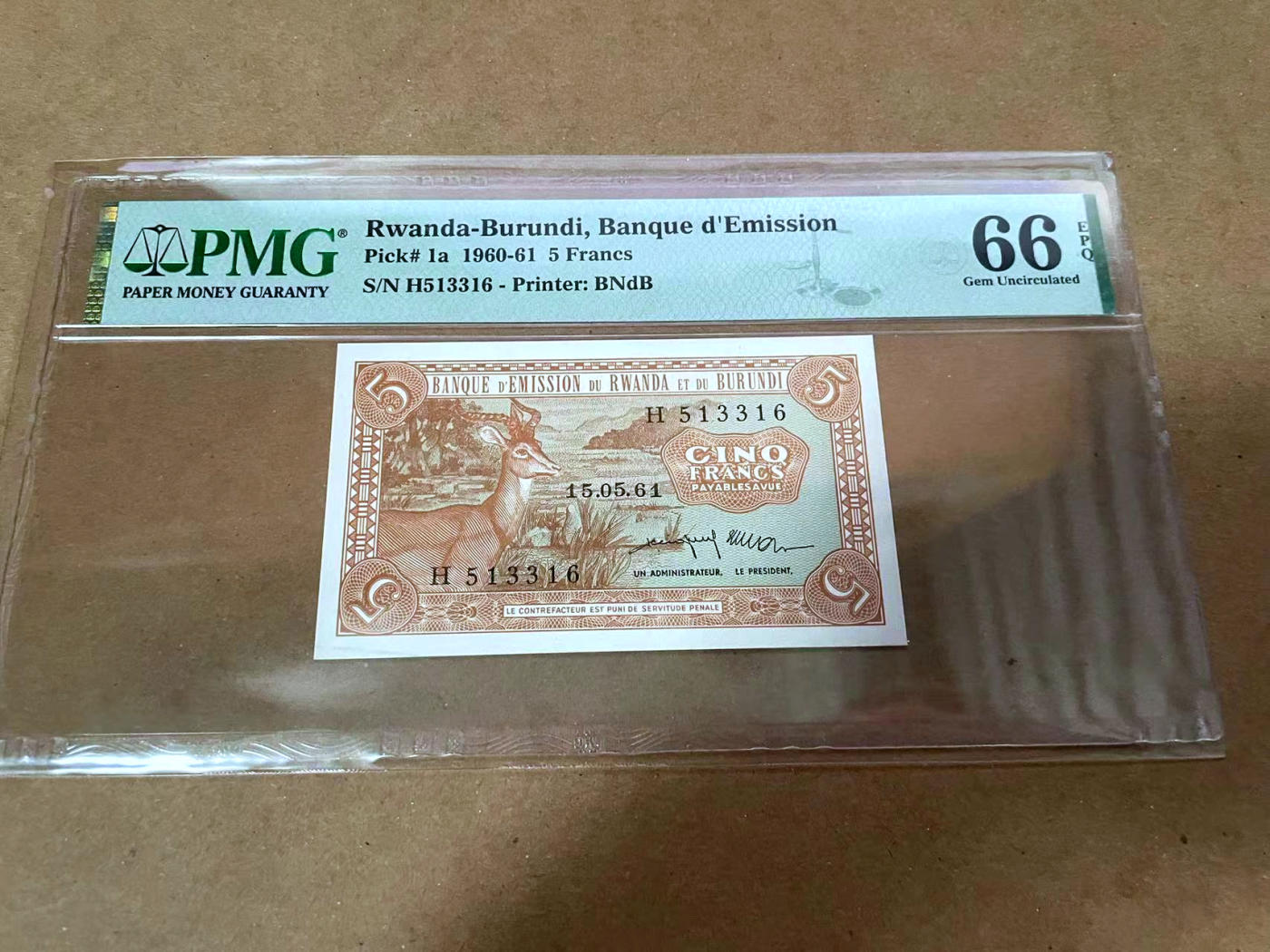 【Blue Auction】✨世界纸币精拍第480期【精】 【无47 p1a】卢旺达-布隆迪 1960-61年5法郎 PMG66EPQ 