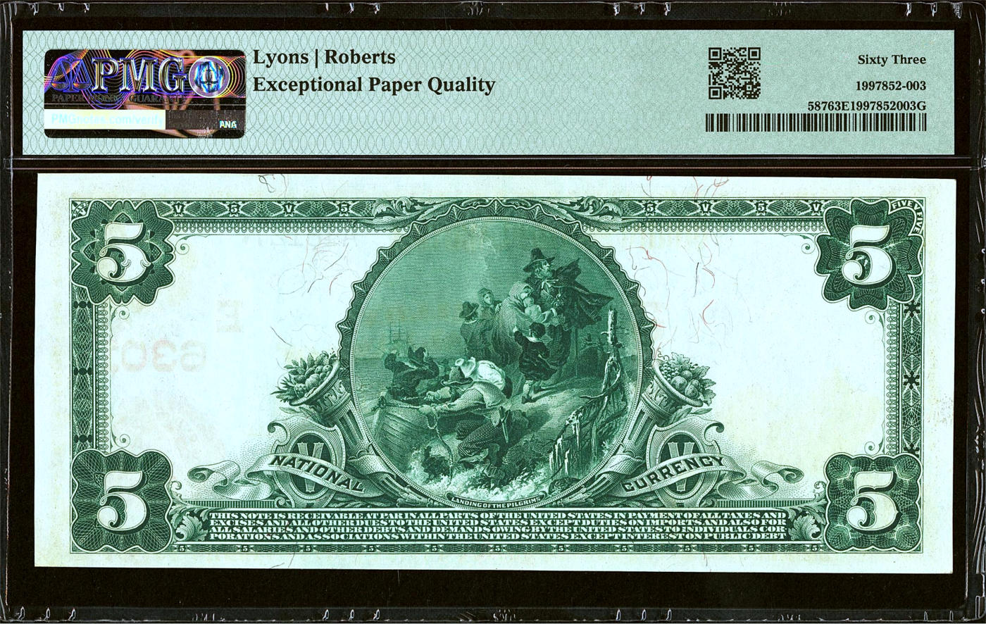 【Blue Auction】✨世界纸币精拍第480期【精】   【27小号 红库印版本少见 当时最大的财阀、财政部长安德鲁·威廉·梅隆手签】美国 1902年5美金 背面经典油画《Landing of the Pilgrims》（朝圣者登陆）设计精美 正面人物为美国第23任总统哈里森 大胡子雕刻佳 PMG63EPQ 全新原票 红库印日渐高涨值得收藏  