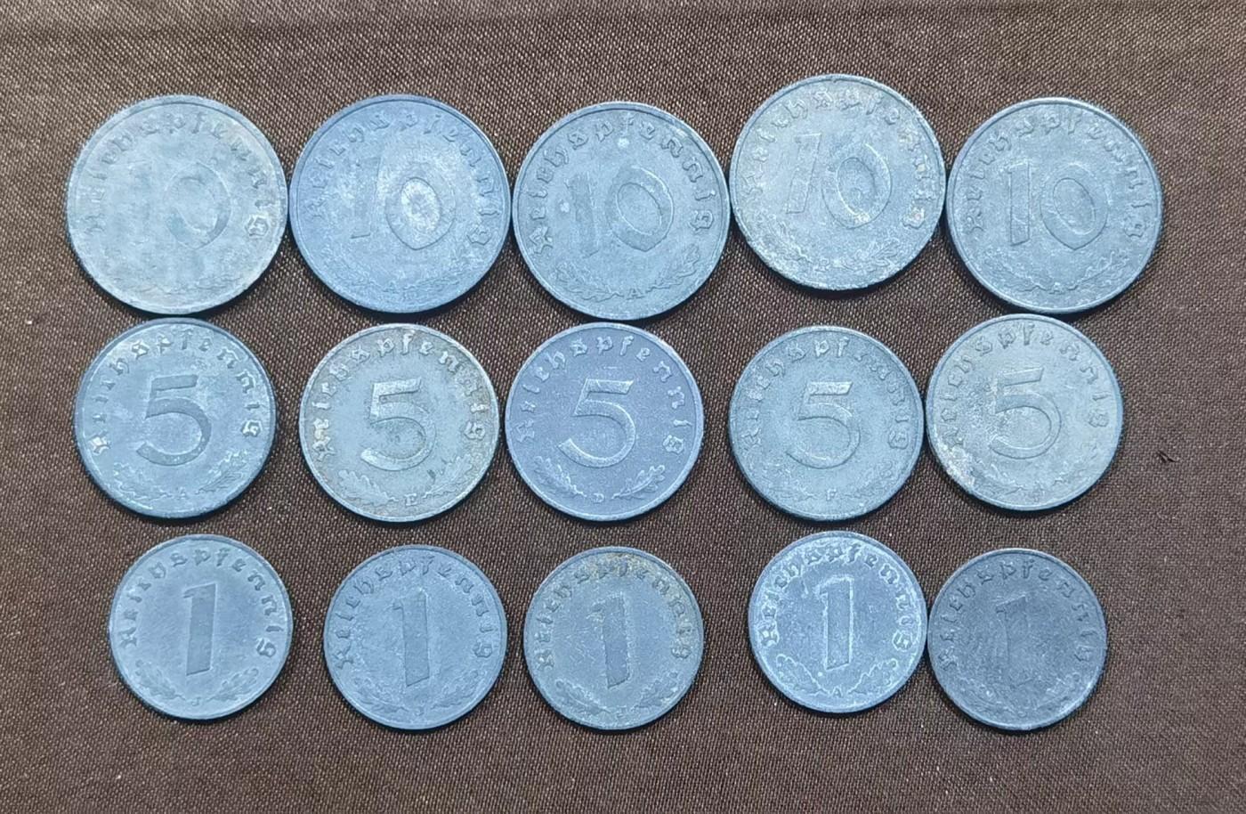 北京马甸外国币专卖微拍第119期，外国非贵金属属纪念币，流通币专场，陆续上新，欢迎关注 1940一1942年德国帝国铅锌芬尼1，5，10三枚／组，共5组