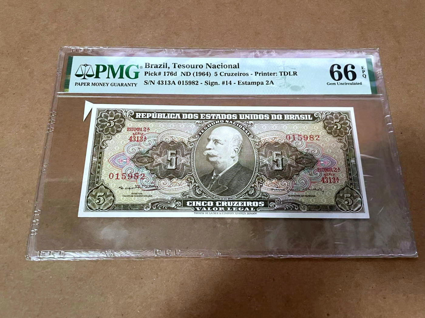 【Blue Auction】✨世界纸币精拍第480期【精】 【错钞 无47】巴西 1964年5克鲁塞罗 背面大场景 PMG66EPQ 