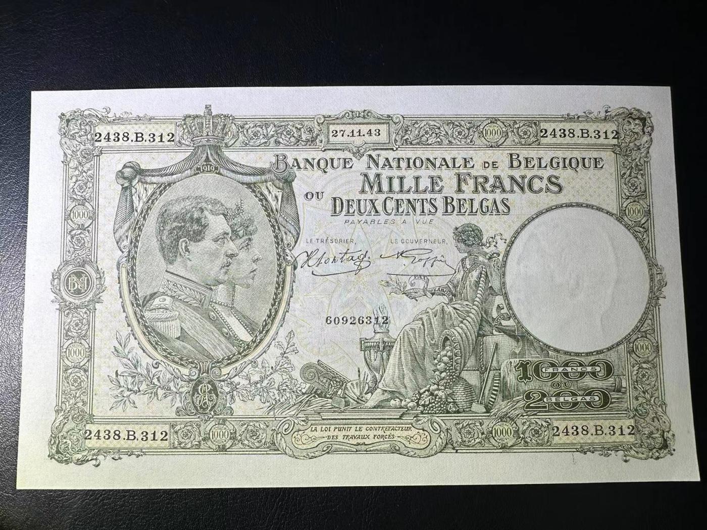 【Blue Auction】✨世界纸币精拍第480期【精】 比利时 1943年1000法郎 大票幅 UNC-