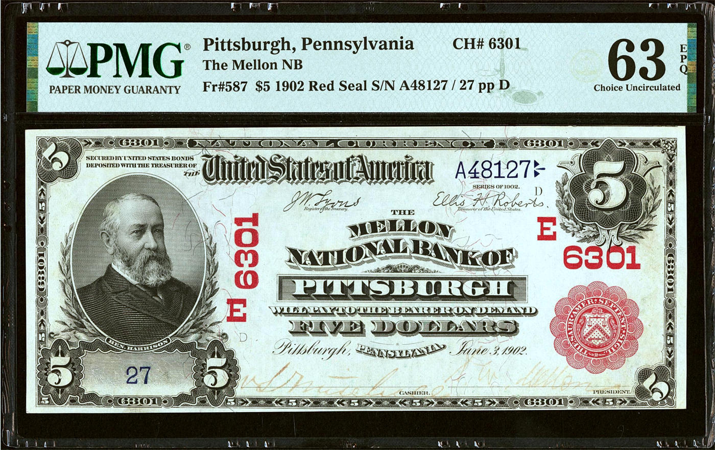 【Blue Auction】✨世界纸币精拍第480期【精】   【27小号 红库印版本少见 当时最大的财阀、财政部长安德鲁·威廉·梅隆手签】美国 1902年5美金 背面经典油画《Landing of the Pilgrims》（朝圣者登陆）设计精美 正面人物为美国第23任总统哈里森 大胡子雕刻佳 PMG63EPQ 全新原票 红库印日渐高涨值得收藏  