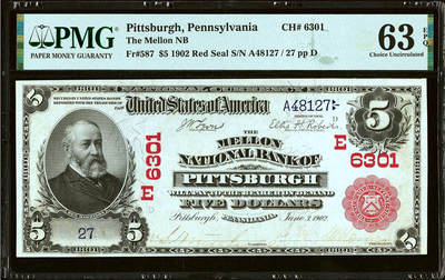 【Blue Auction】✨世界纸币精拍第480期【精】 -   【27小号 红库印版本少见 当时最大的财阀、财政部长安德鲁·威廉·梅隆手签】美国 1902年5美金 背面经典油画《Landing of the Pilgrims》（朝圣者登陆）设计精美 正面人物为美国第23任总统哈里森 大胡子雕刻佳 PMG63EPQ 全新原票 红库印日渐高涨值得收藏  