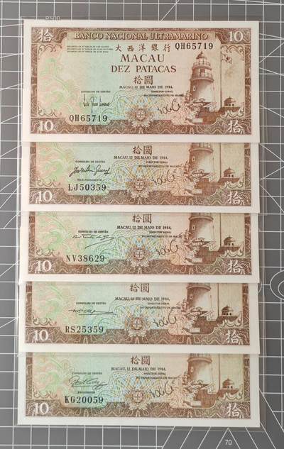 【礼羽收藏】🌏世界钱币拍卖第98期 - 中国澳门，1984年版，10澳元，全套五种签名，尾号相同，赛车钞的母版