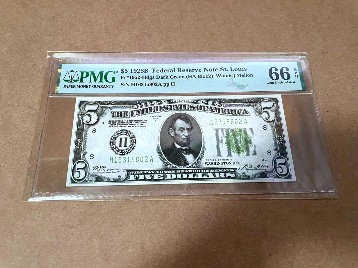 【Blue Auction】✨世界纸币精拍第480期【精】 【无47 圣路易斯版8区 亚军分】美国 1928B 5美金 PMG66EPQ 林肯