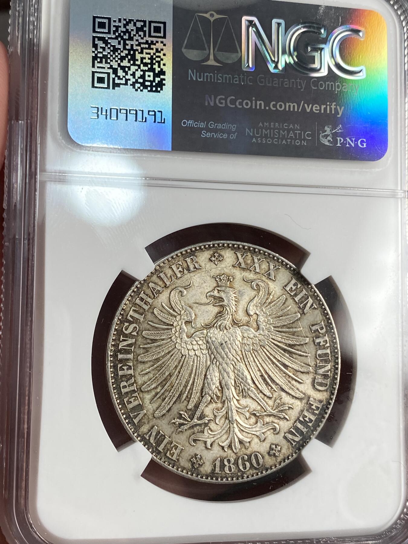 万国钱币拍卖第026期（风云再起·勇士无畏） NGC MS63 1860年德国法兰克福少女流通1泰勒 银光闪烁 完全未动的状态