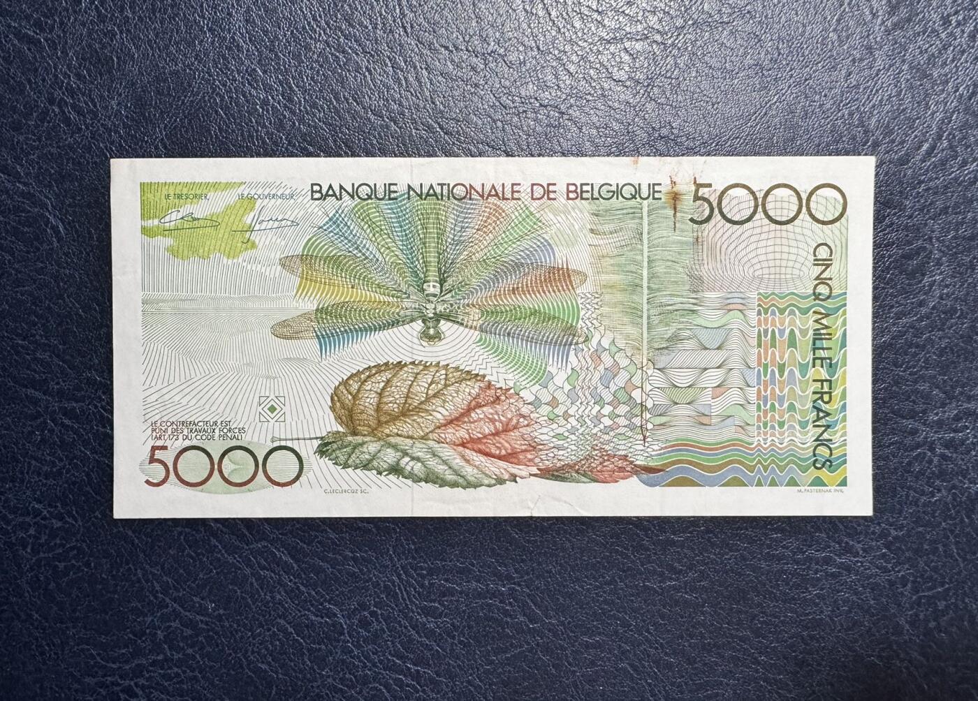 收藏联盟Quantum Auction 第348期拍卖  比利时 ND (1982-92)年5000法郎 非全新 品相如同 大蜻蜓