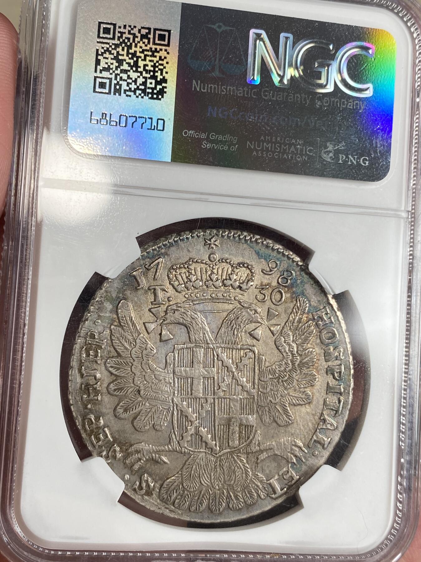 万国钱币拍卖第026期（风云再起·勇士无畏） NGC MS62 1798年马耳他骑士团30塔里大银币 1798年拿破仑率远征埃及的土伦舰队在马耳他靠岸 破坏马耳他中立原则 驱逐骑士团 强占马耳他 并铸造了此币 人像下有圆点为1798-1799法占时期铸造