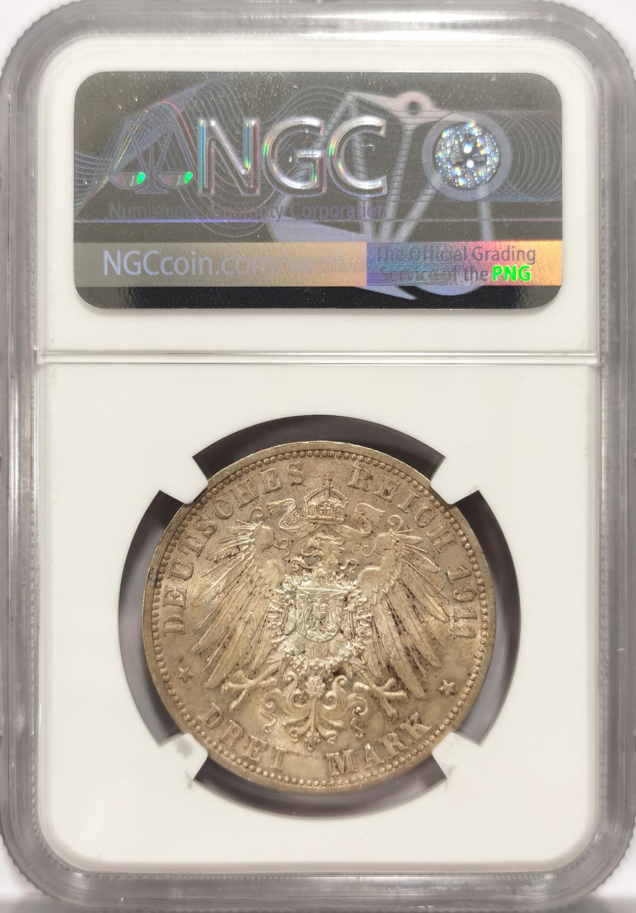 博洋堂世界钱币拍卖第078期（全场包邮） NGC MS64 德国符腾堡1911年银婚纪念3马克银币