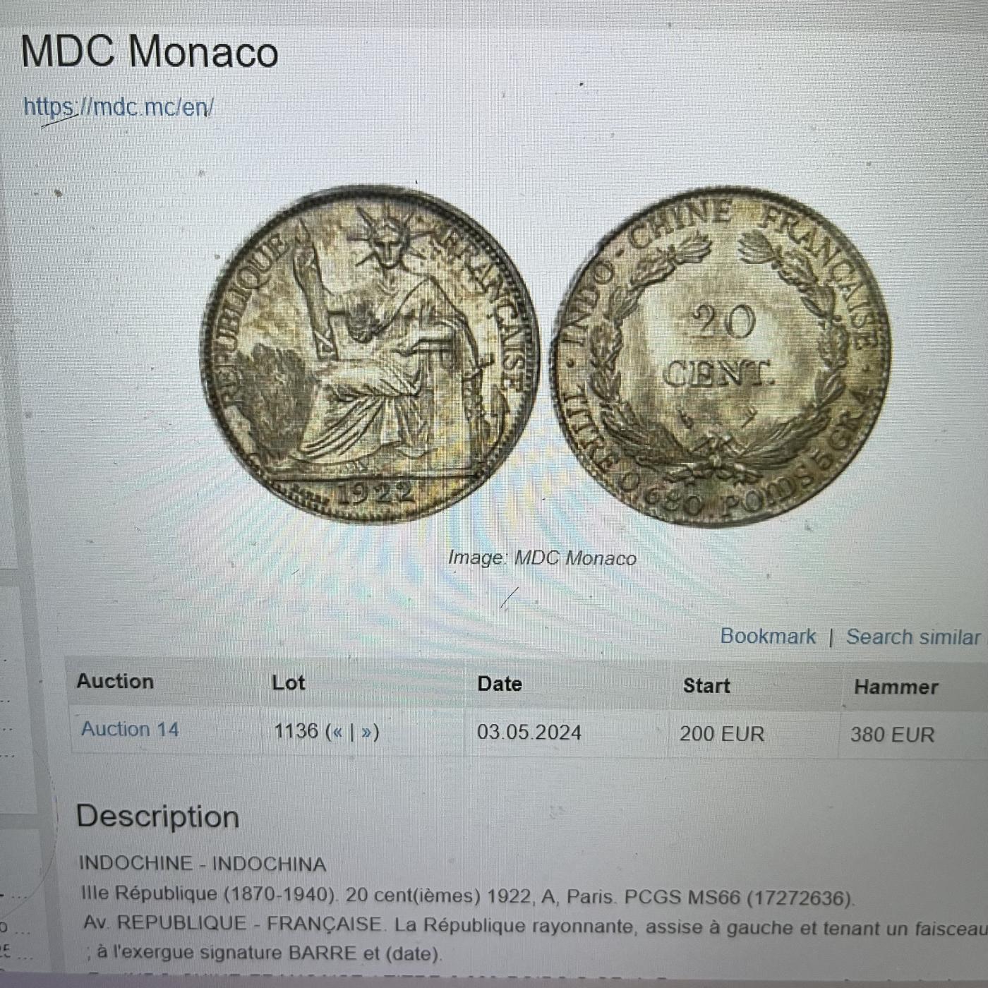 PCGS-MS66+  1922A印支坐人20分银币完美品纸袋包浆