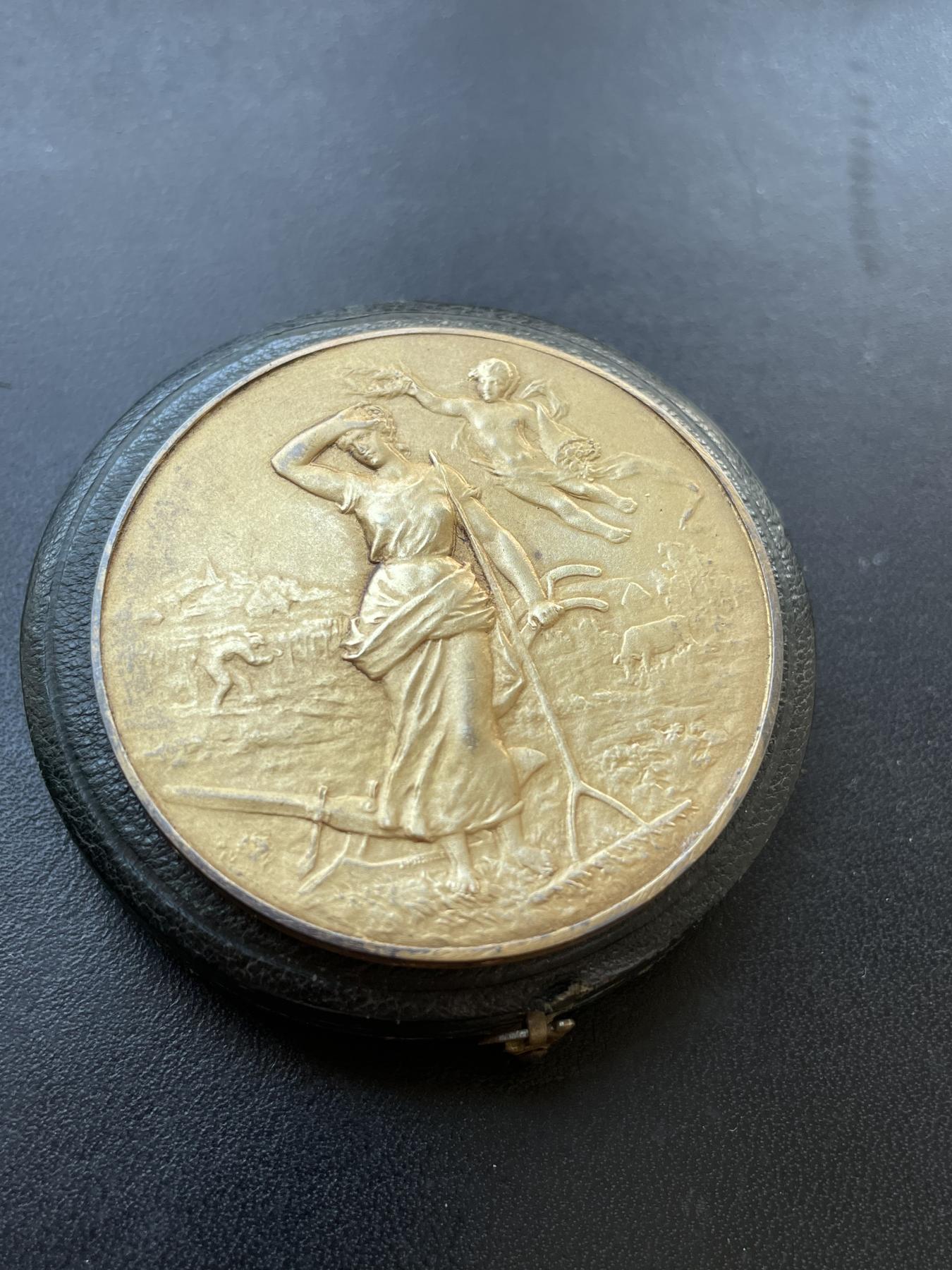 「木头集藏」章牌专场-第41期 法国农业镀金原盒银章  直径：46 mm，47.1g，边铭：菱形厂标 ARGENTN 野猪头银标，原盒正常使用