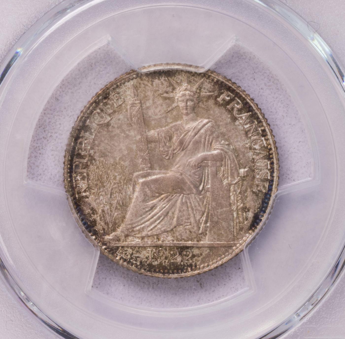 PCGS-MS66+  1922A印支坐人20分银币完美品纸袋包浆