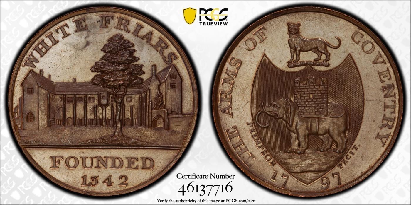 万国钱币拍卖第026期（风云再起·勇士无畏） PCGS PR64 1797年英国沃里克郡精致铜制半便士代用币 精度非常高 钢铁般的蓝色色调和镜面的底板 极其罕见